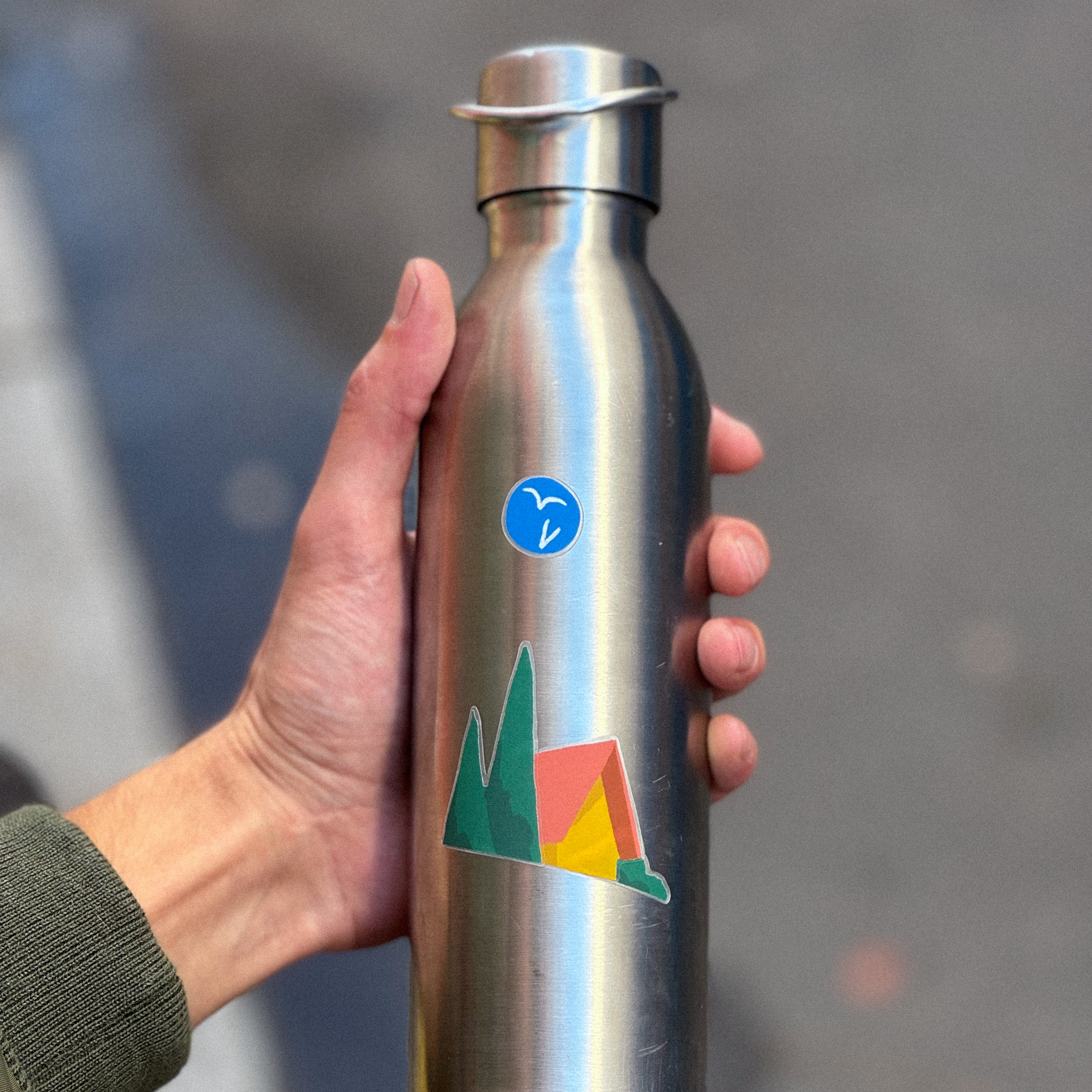 Hand holding a stainless steel bottle with a colorful mountain and tent sticker, and a blue sticker with a white bird on the neck.