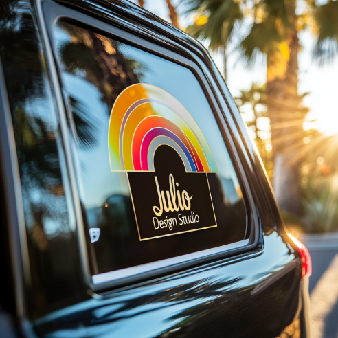 A car that has a sticker of Julio design studio on it