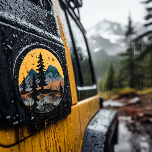A yellow vehicle with a car sticker of trees on it