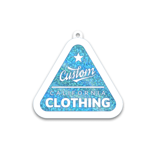 Triangular hang tag sticker with a blue background, with the text "Custom California Clothing".