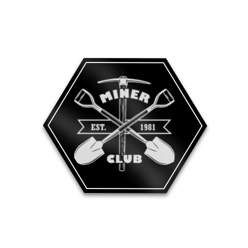 Hexagonal logo vinyl sticker with crossed shovel and pickaxe, "Miner Club" text, and "Est. 1981" on a black background.