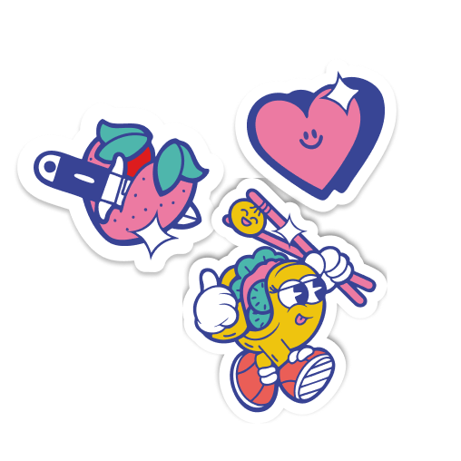 Stickers van Lyon Street Food Festival met een lachend hart, een aardbei en een cartoonfiguur van eten