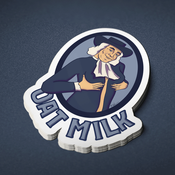 Stapel parodiestickers "Oat Milk" met een man in havermerkstijl die zijn borst vasthoudt