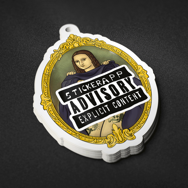 Contourgesneden sticker van een Mona Lisa-achtige figuur in een sierlijke gouden lijst, bedekt met een "StickerApp Advisory Explicit Content"-label