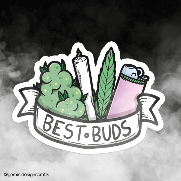 Sticker "Best Buds" met cannabistoppen, een joint, een blad en een aansteker op een banier, door @geminidesignscrafts