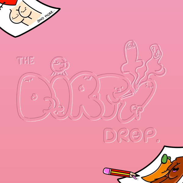 Reliëf The Dirty Drop-logo op roze met cartoon-stickervellen die uit de hoeken piepen, een teaser voor het sticker pack
