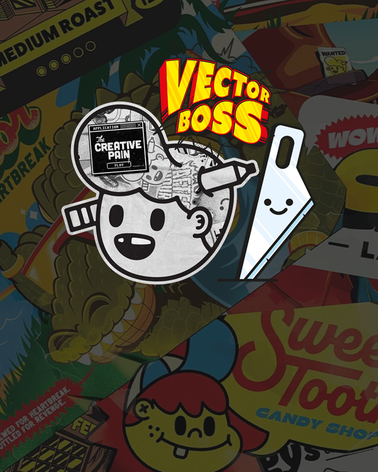 de creatieve pijn stickercollage met stickers en potloodkop