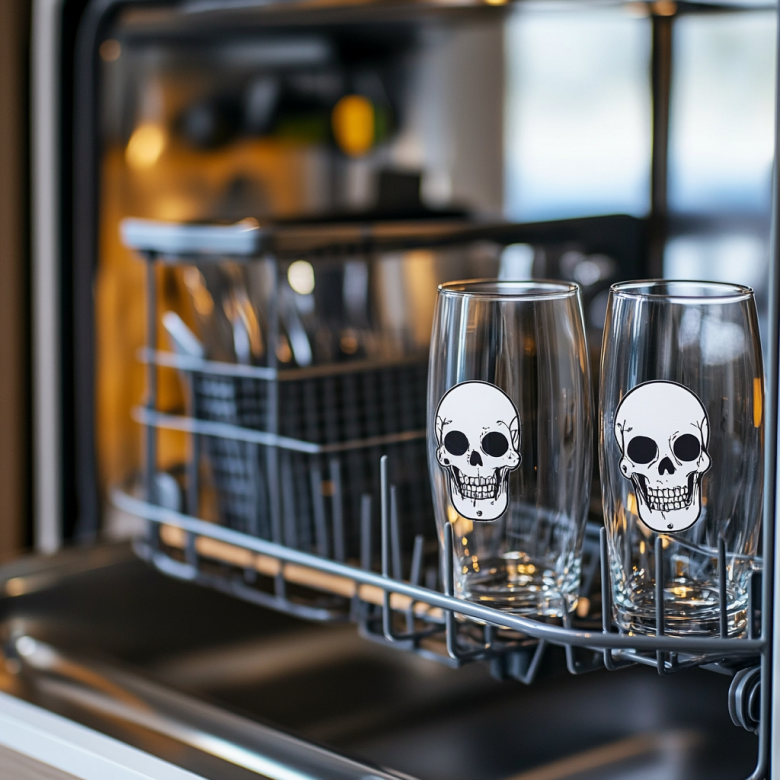 A couple of glasses with custom stickers that are in a dishwasher