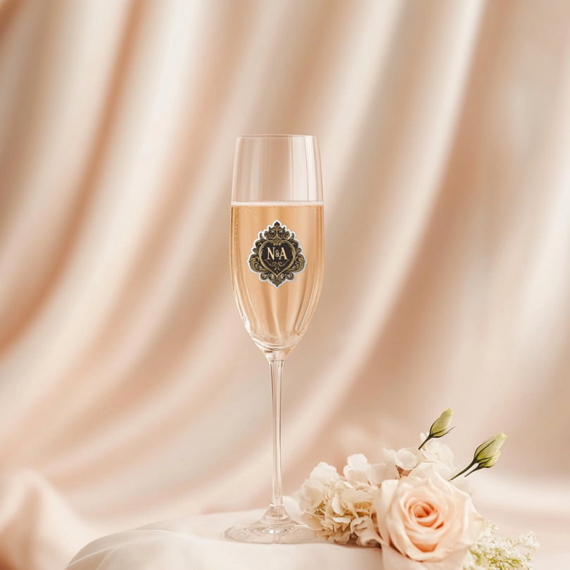 Monogram sticker on a glass of champaign with satin wedding scenery