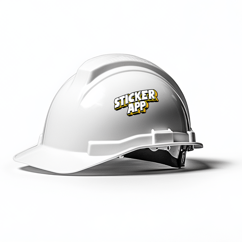 A white hard hat with a hard hat sticker with StickerApp on it