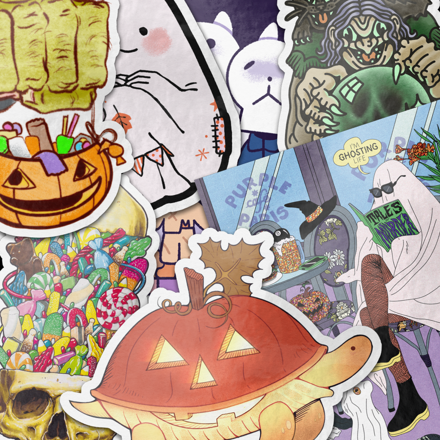 Collage van winnende Halloween-stickerontwerpen, waaronder een lezend spook in een café, een schedel vol snoep, een pompoenlantaarnschildpad en een heks met een glazen bol