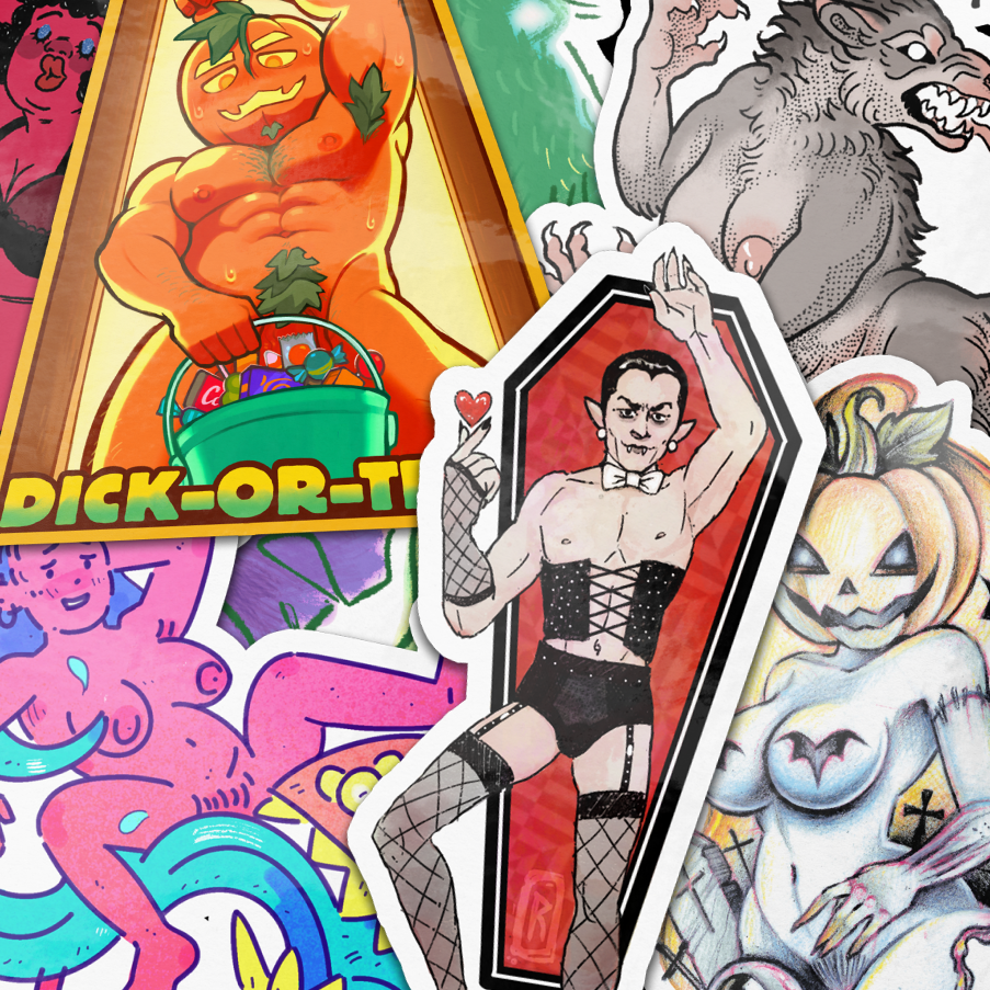Collage van winnende NSFW-Halloween-stickerontwerpen, waaronder een weerwolf, een vampier in korset, een pin-up met pompoenhoofd en "Dick-or-Treat"
