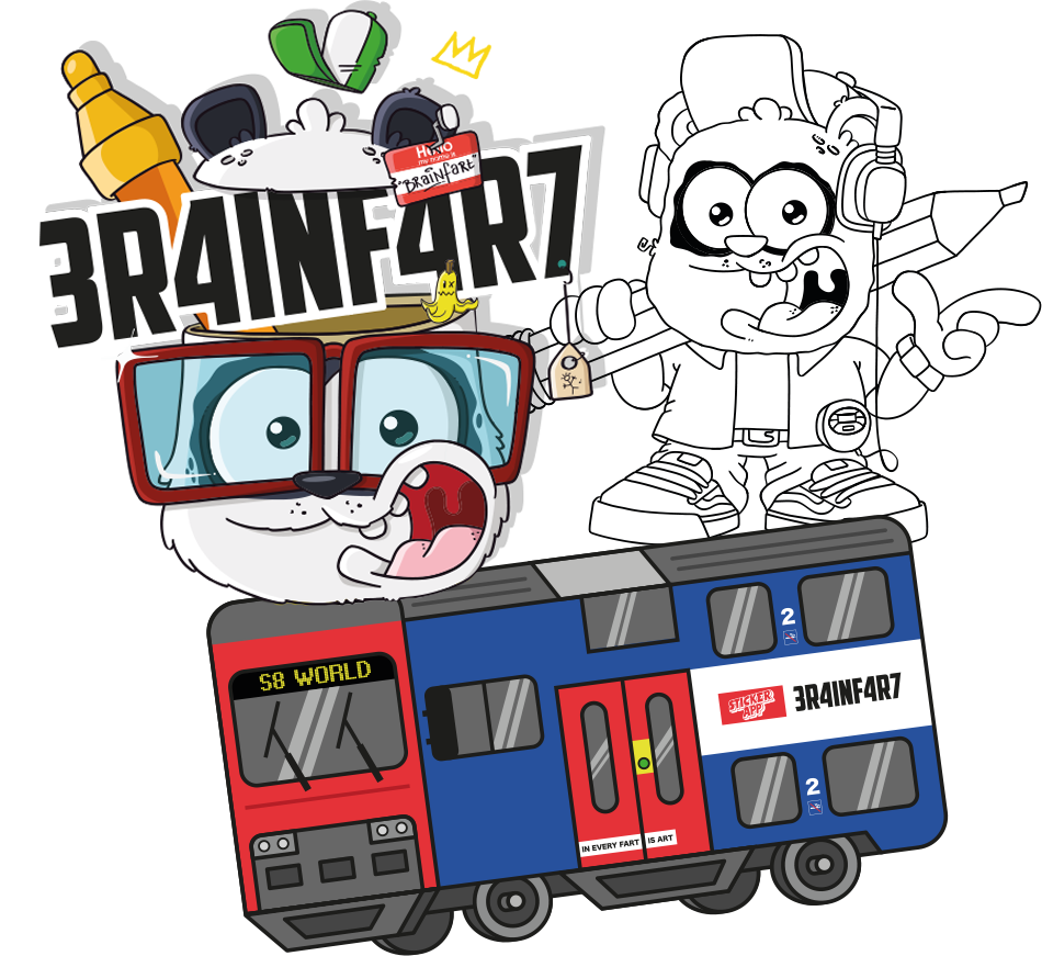 Brainfart x StickerApp-illustratie met het 3R4INF4R7-logo, twee cartoonfiguren en een forenzentrein van S8 World