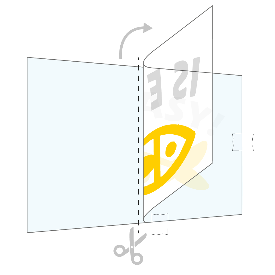 graphic of a hinged transfer being cut with scissors, showing step-by-step assembly instructions, with text and graphic details inside.